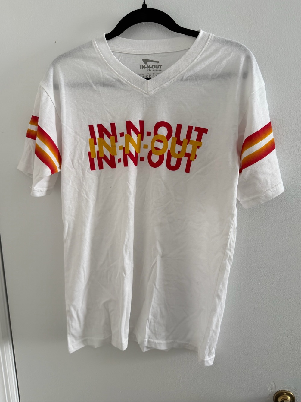 In-N-Out Retro Logo V-Neck Tee - White with Red & Yellow Stripes